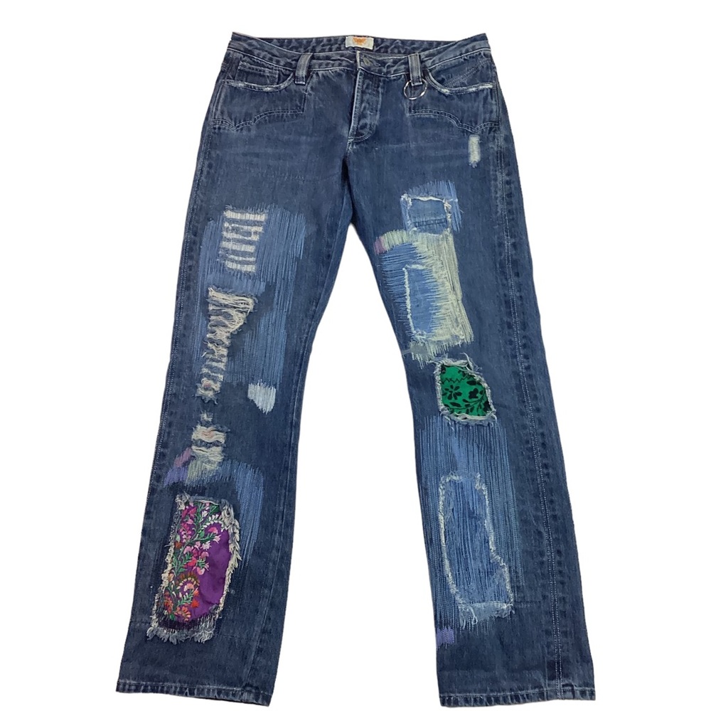 Antik Denim Artsy Decorated Distressed Straight Leg Jeans Blue